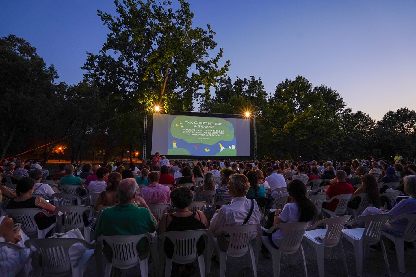 público a assistir a cinema ao ar livre, de noite