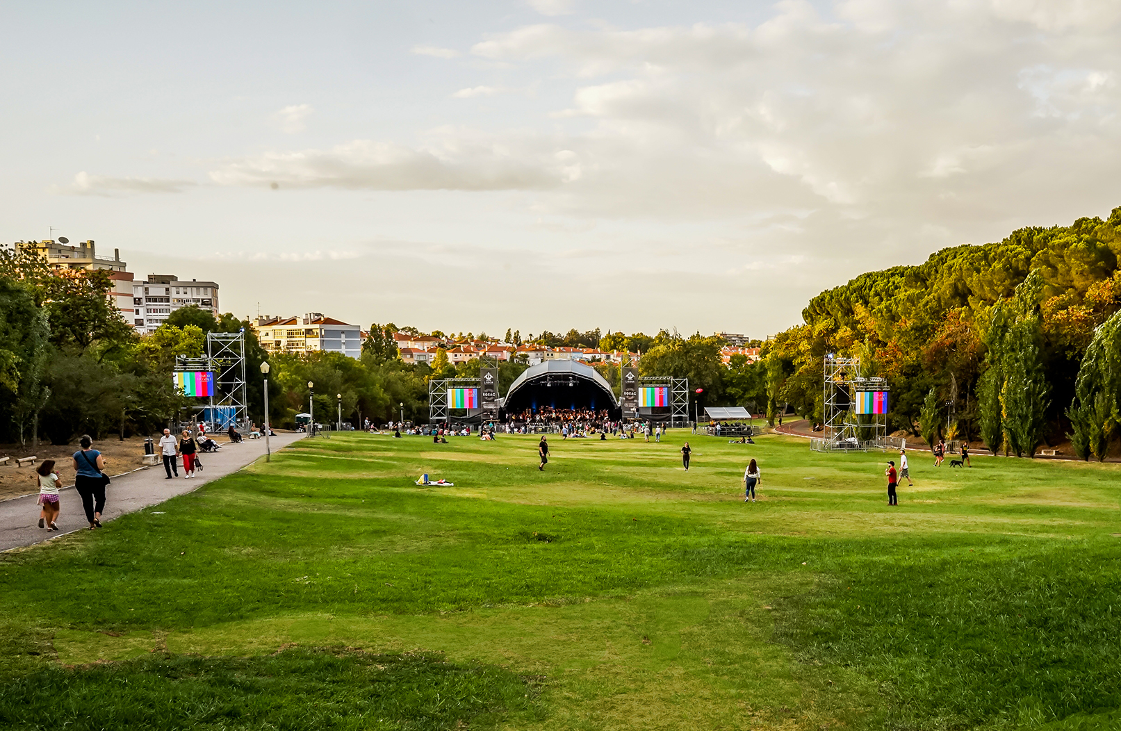 large lawn with stage in the background