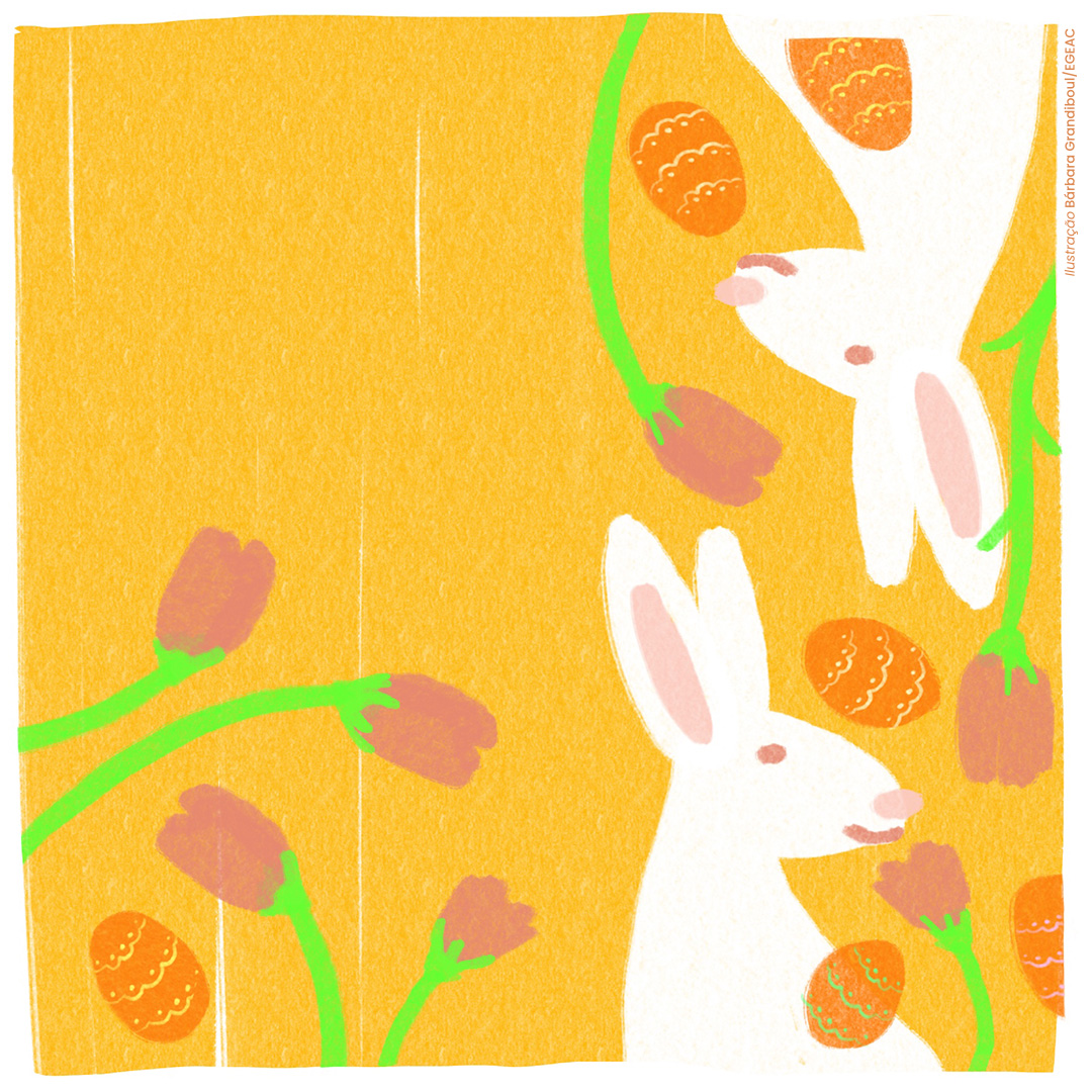 ilustração 2 coelhos, ovos e tulipas