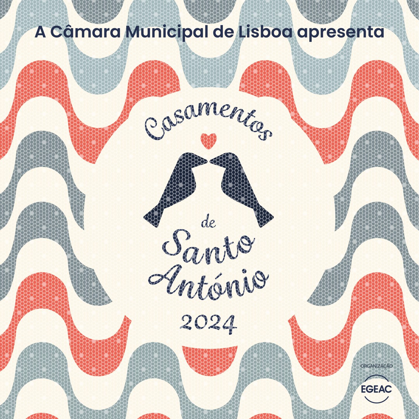 ilustração 2 corvos a beijarem-se com 1 coração. fundo: calçada portuguesa