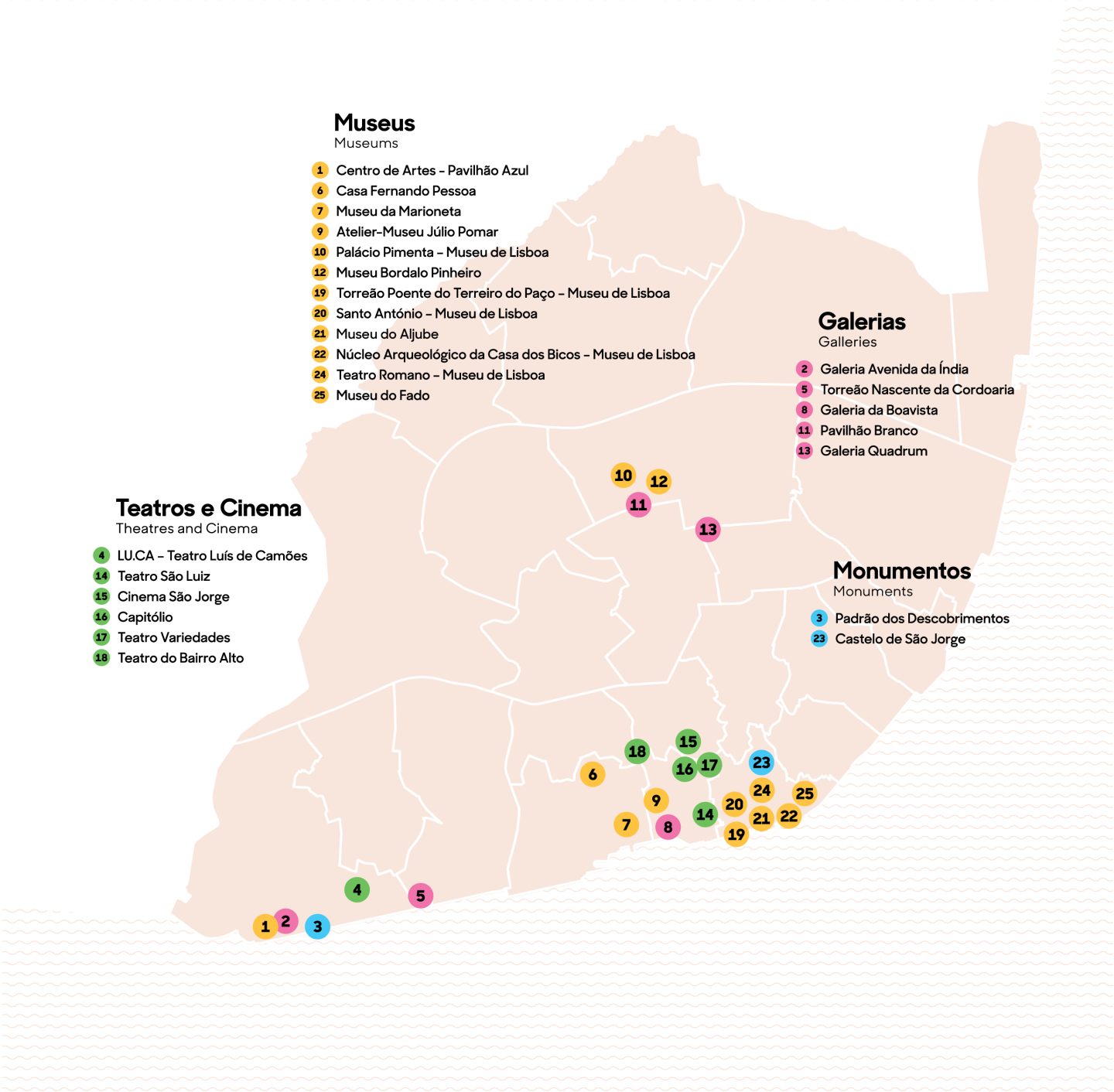 Mapa da zona de Lisboa que lista os espaços culturais da EGEAC