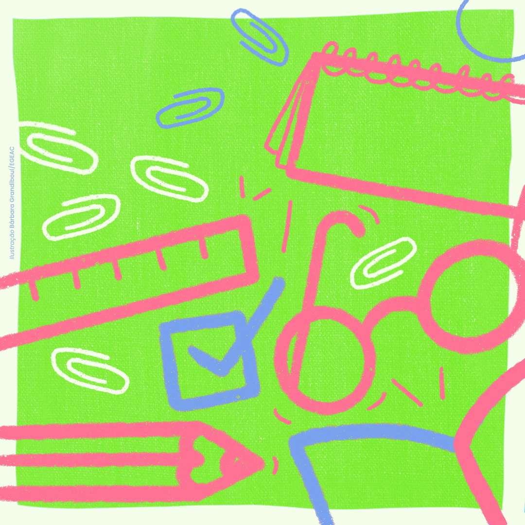 ilustração com clips bloco de notas, régua, lápis e óculos