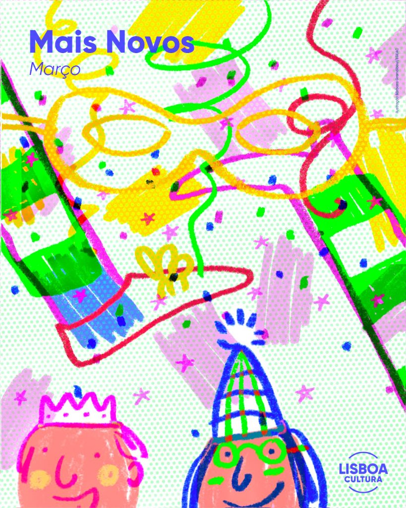 ilustração com muita cor. fitas 2 crianças com coroas e chapéu a sorrirem