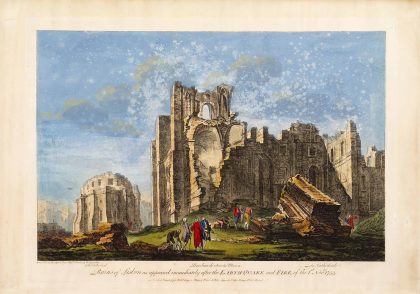 Gravura a cores das ruínas da Sé Catedral depois do terramoto de 1755