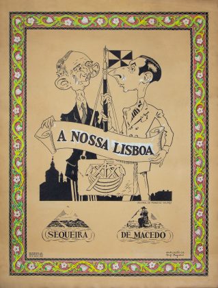 Desenho de dois homens a segurar na bandeira de Lisboa e numa faixa com a frase "A NOSSA LISBOA"