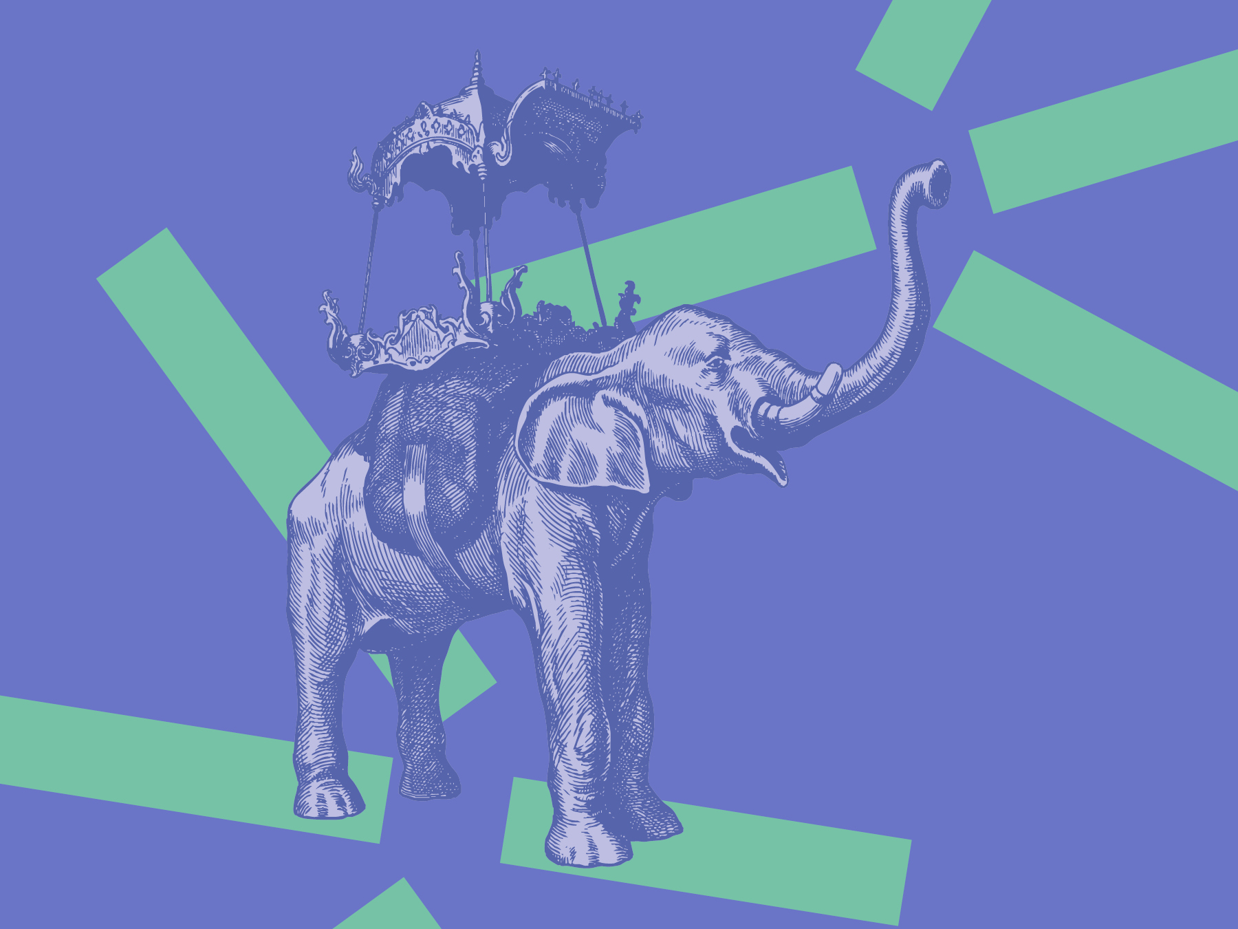 Illustration of an elephant with a canopy over its back, against a background of blue graphic composition with green rectangles
